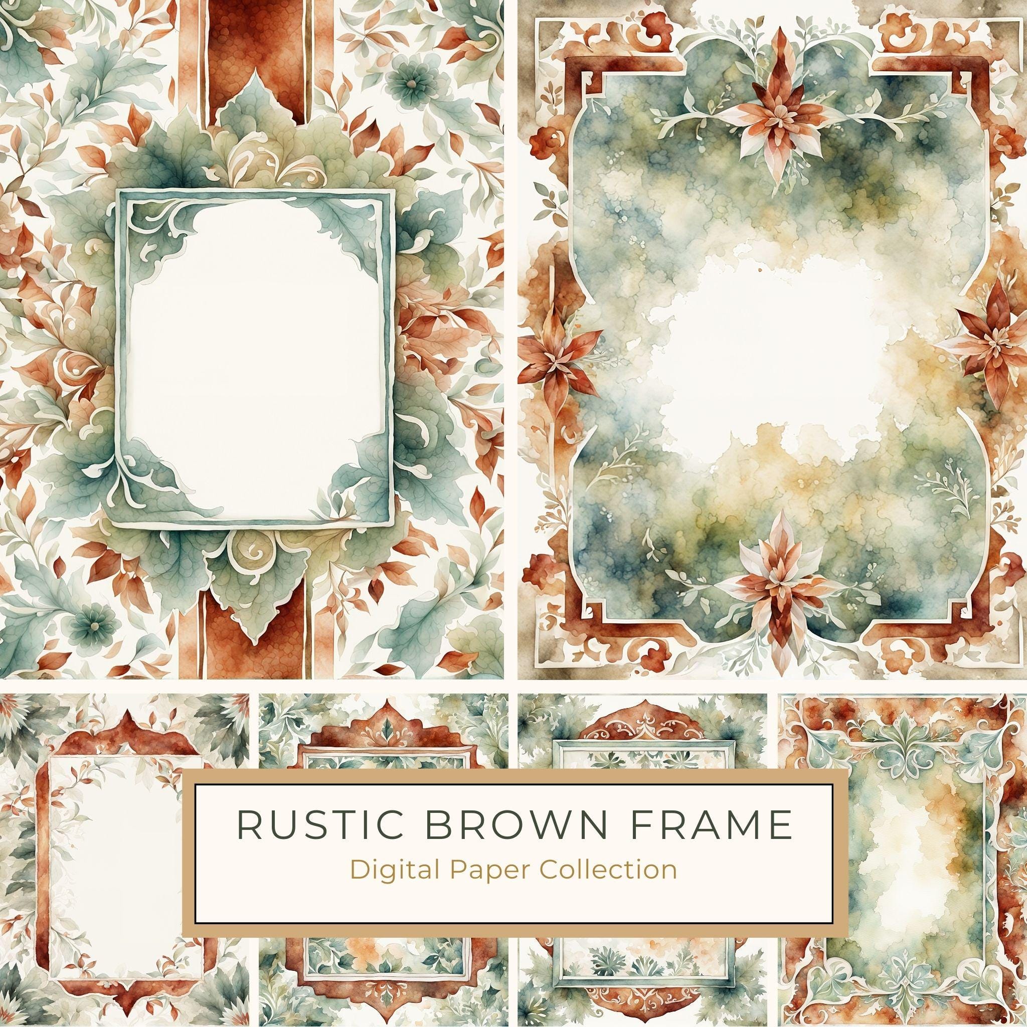 Folk Art Watercolor Frame Digital Paper: Rustic Brown & Green (JPG, 300 DPI)