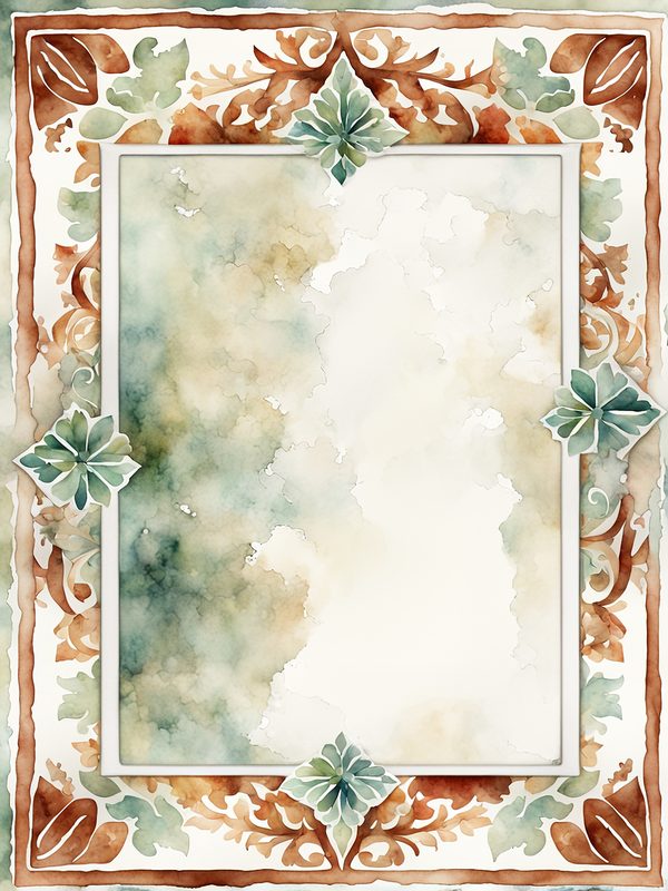 Folk Art Watercolor Frame Digital Paper: Rustic Brown & Green (JPG, 300 DPI) — image 2