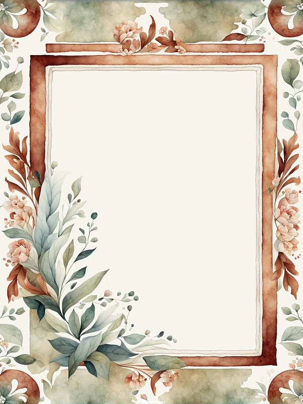 Folk Art Watercolor Frame Digital Paper: Rustic Brown & Green (JPG, 300 DPI) — image 3