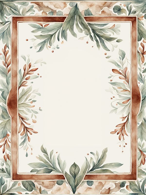Folk Art Watercolor Frame Digital Paper: Rustic Brown & Green (JPG, 300 DPI) — image 4