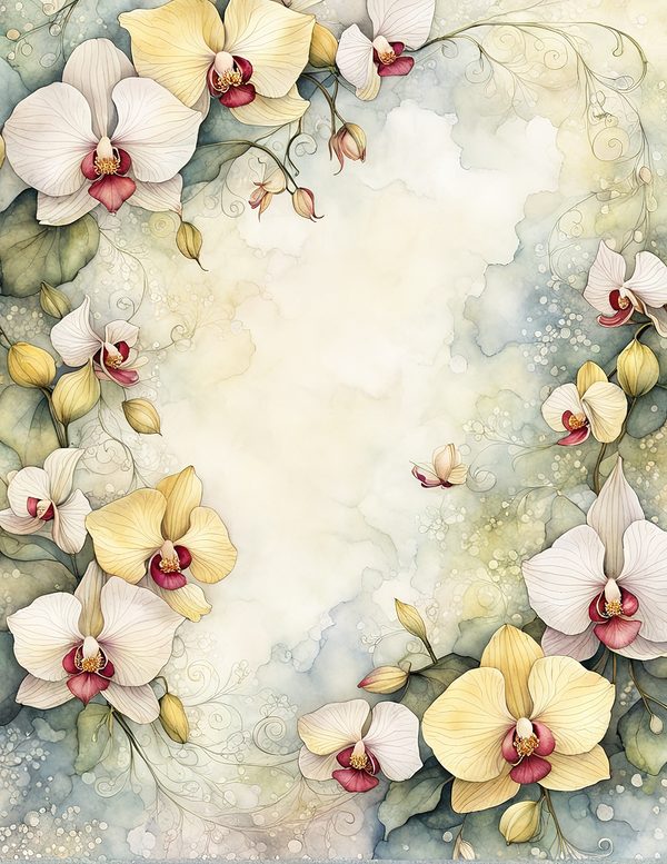 Watercolor Orchid Frame: Cream Floral Border Backgrounds (JPG Digital Paper) — image 1