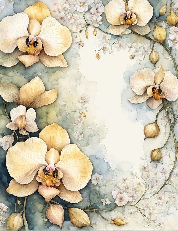 Watercolor Orchid Frame: Cream Floral Border Backgrounds (JPG Digital Paper) — image 5