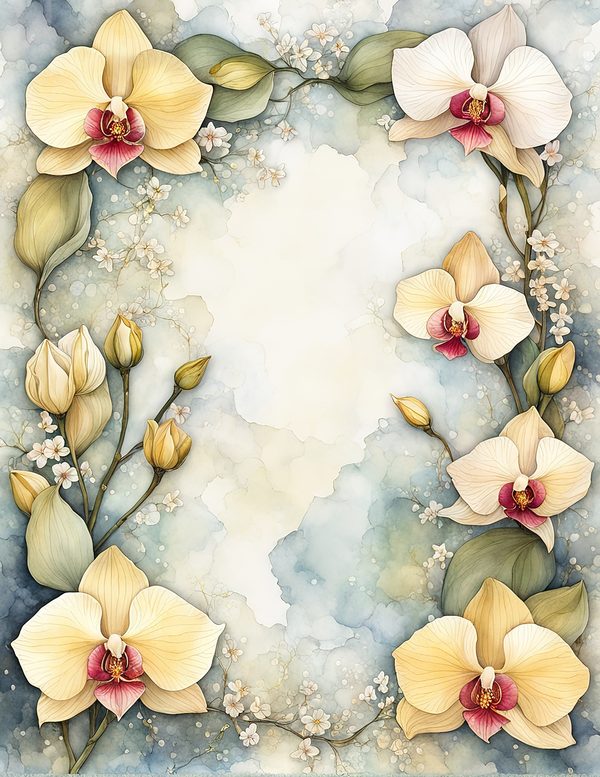 Watercolor Orchid Frame: Cream Floral Border Backgrounds (JPG Digital Paper) — image 9