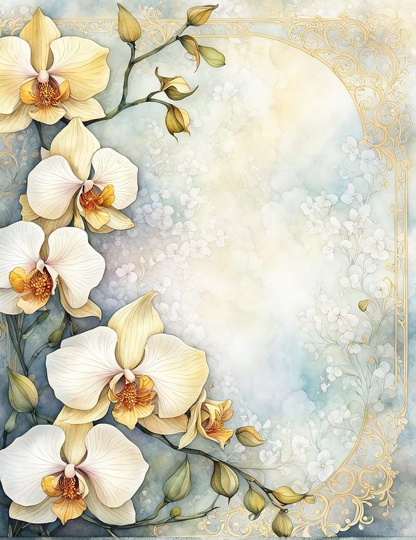 Watercolor Orchid Frame: Cream Floral Border Backgrounds (JPG Digital Paper) — image 11