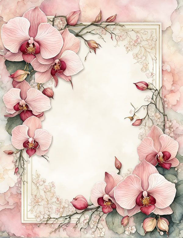 Watercolor Orchid Frame: Blush Pink Floral Backgrounds (10 JPG) (Digital Download) — image 1