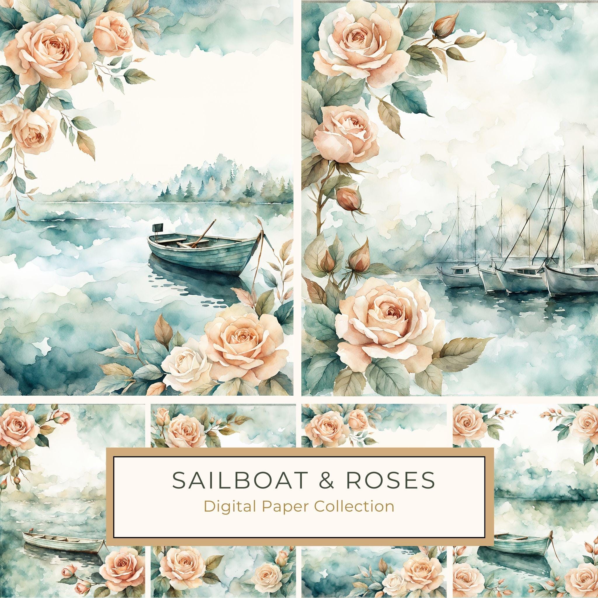 Watercolor Sailboat & Rose Frame: Lake Scene Backgrounds (Digital Paper)