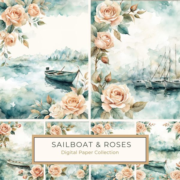 Watercolor Sailboat & Rose Frame: Lake Scene Backgrounds (Digital Paper)