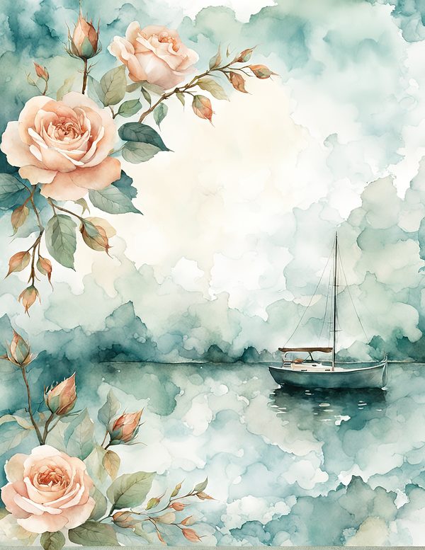 Watercolor Sailboat & Rose Frame: Lake Scene Backgrounds (Digital Paper) — image 1