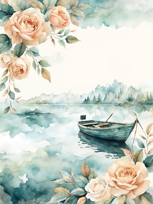 Watercolor Sailboat & Rose Frame: Lake Scene Backgrounds (Digital Paper) — image 3