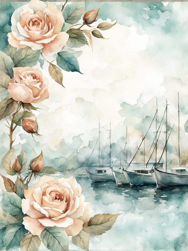 Watercolor Sailboat & Rose Frame: Lake Scene Backgrounds (Digital Paper) — image 4