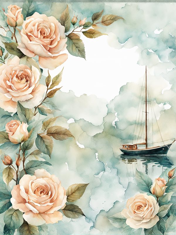 Watercolor Sailboat & Rose Frame: Lake Scene Backgrounds (Digital Paper) — image 5