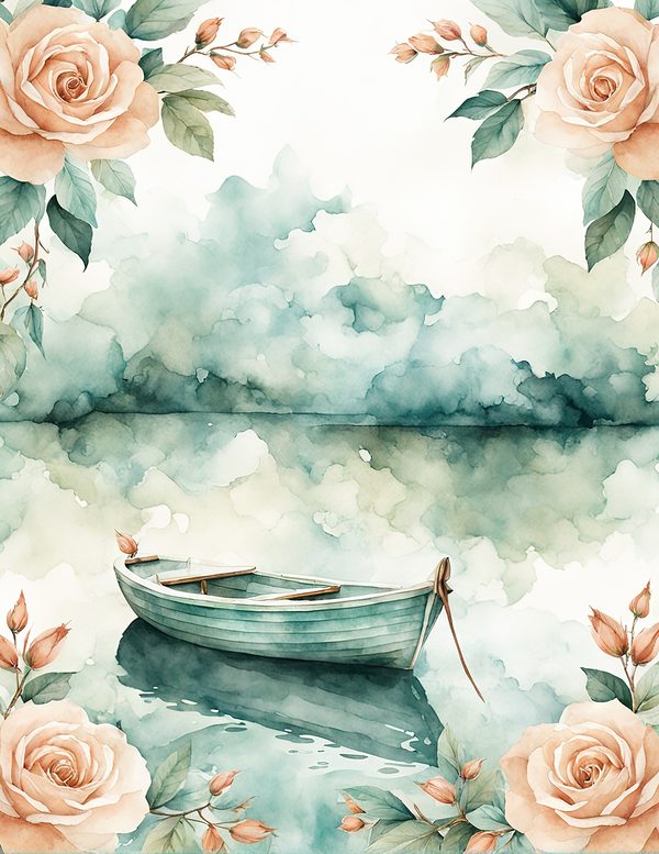 Watercolor Sailboat & Rose Frame: Lake Scene Backgrounds (Digital Paper) — image 6