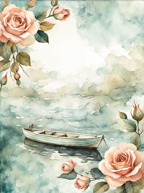 Watercolor Sailboat & Rose Frame: Lake Scene Backgrounds (Digital Paper) — image 7