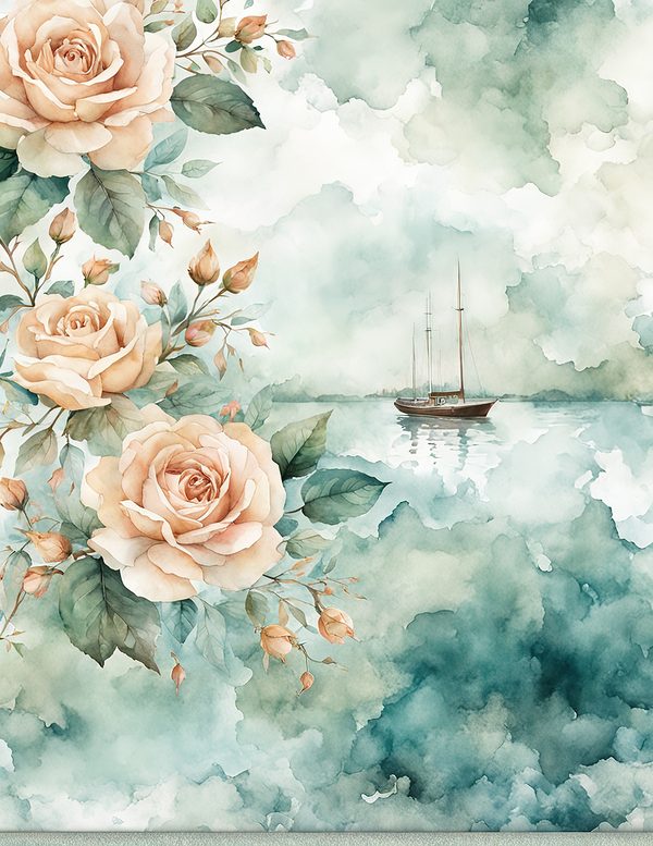 Watercolor Sailboat & Rose Frame: Lake Scene Backgrounds (Digital Paper) — image 8