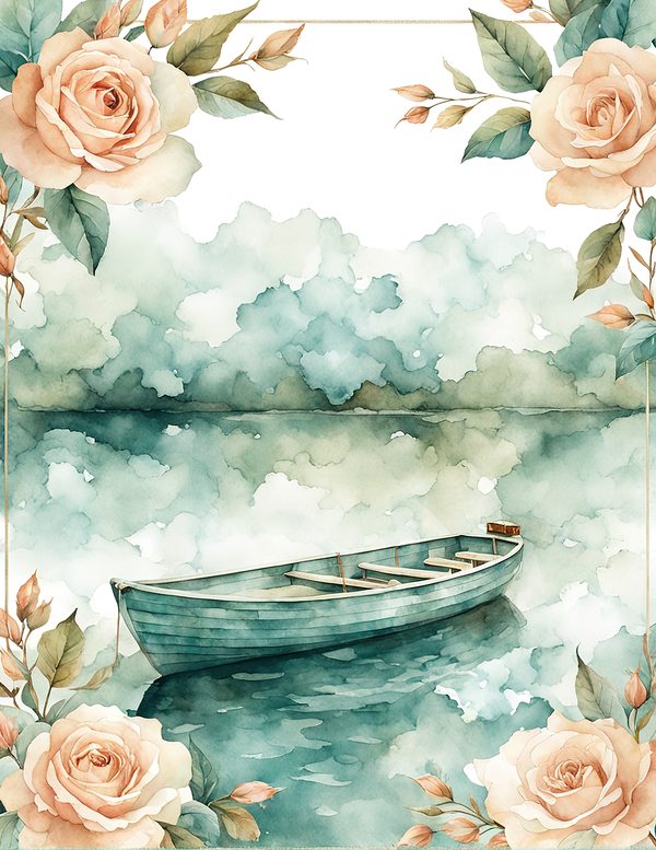 Watercolor Sailboat & Rose Frame: Lake Scene Backgrounds (Digital Paper) — image 9