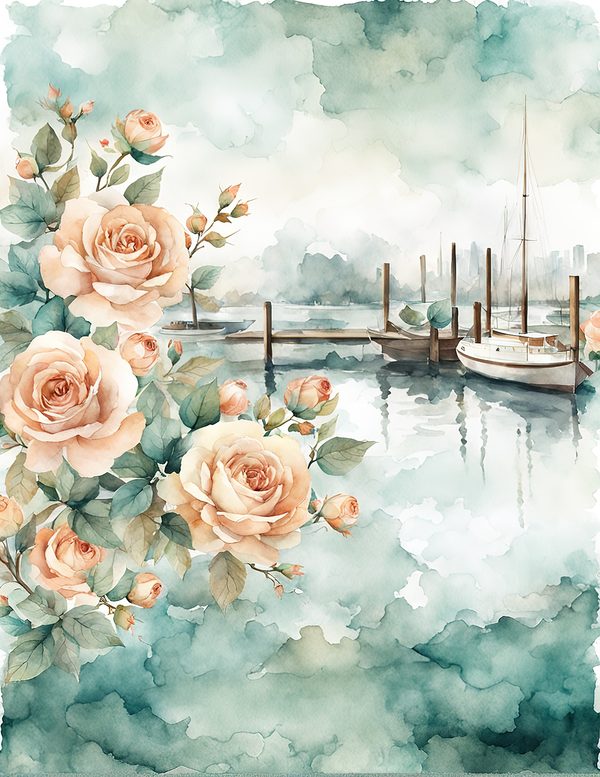 Watercolor Sailboat & Rose Frame: Lake Scene Backgrounds (Digital Paper) — image 10