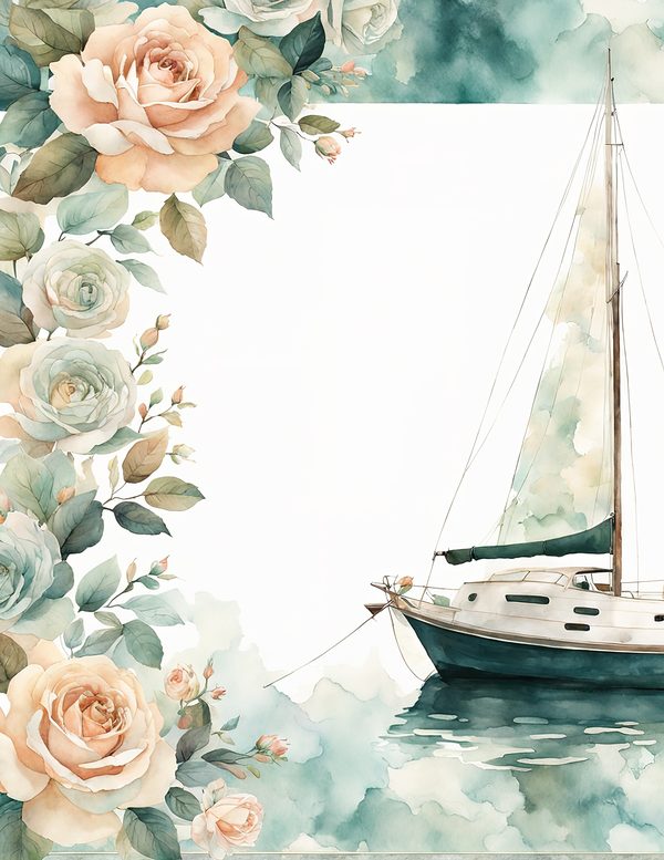 Watercolor Sailboat & Rose Frame: Lake Scene Backgrounds (Digital Paper) — image 11