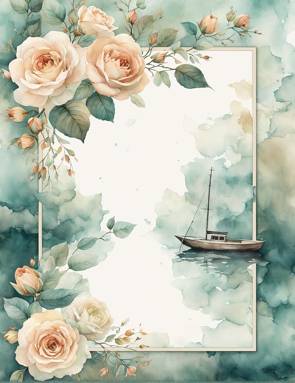 Watercolor Sailboat & Rose Frame: Lake Scene Backgrounds (Digital Paper) — image 12