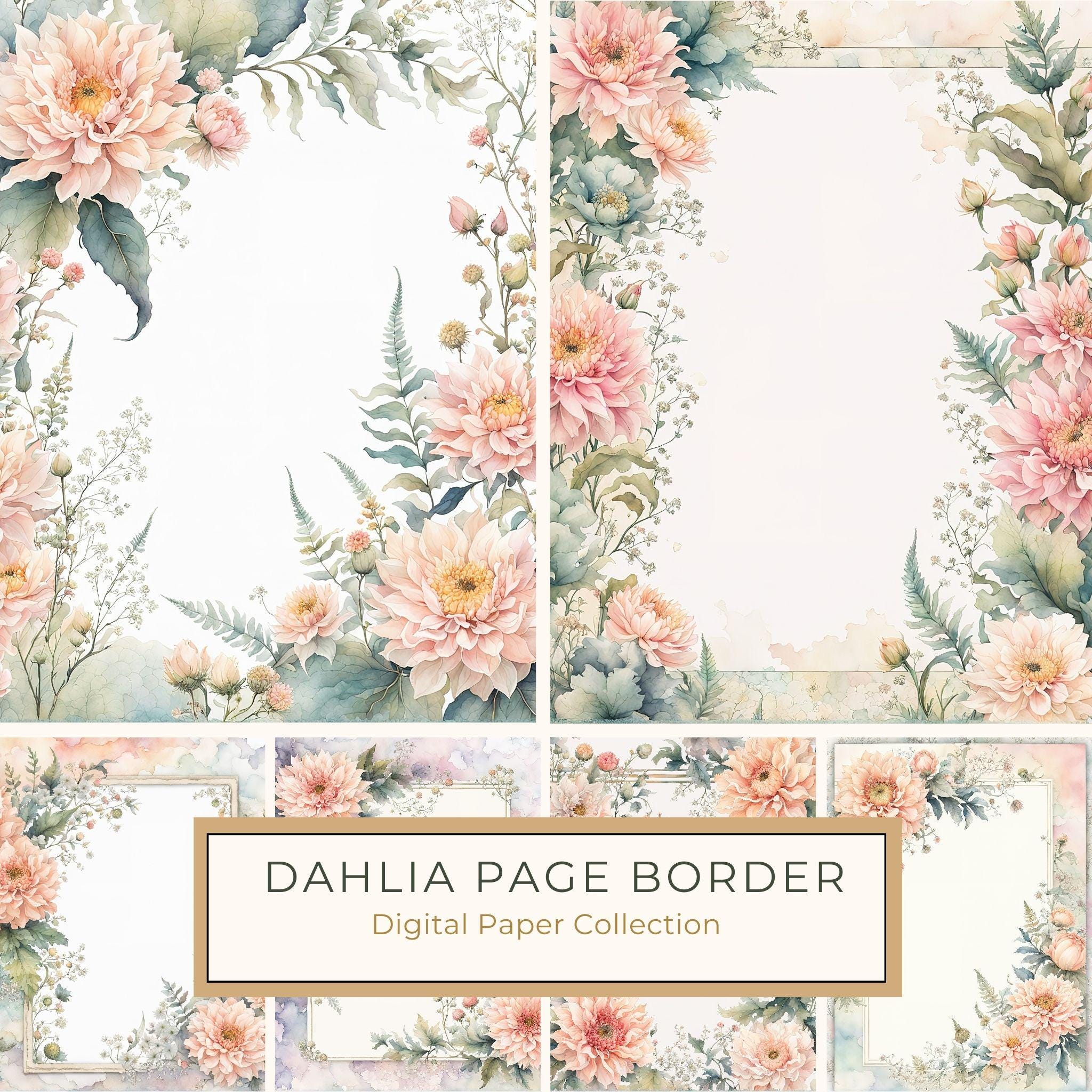 Watercolor Dahlia Frame: Blush Pink Floral Border (10 JPG Digital Paper)
