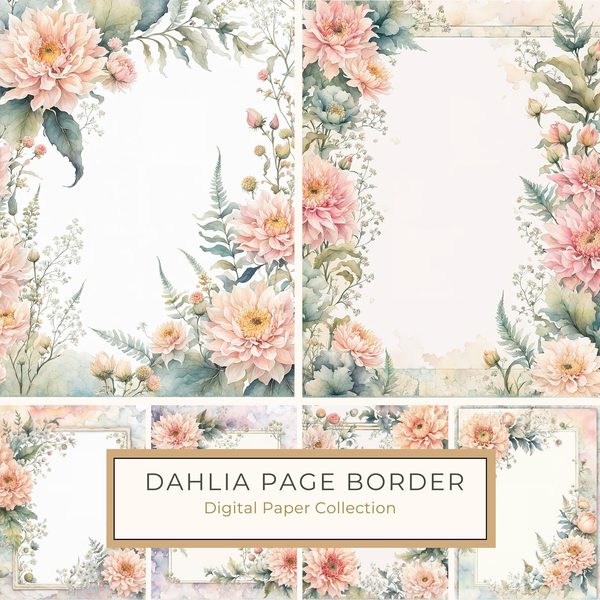 Watercolor Dahlia Frame: Blush Pink Floral Border (10 JPG Digital Paper)