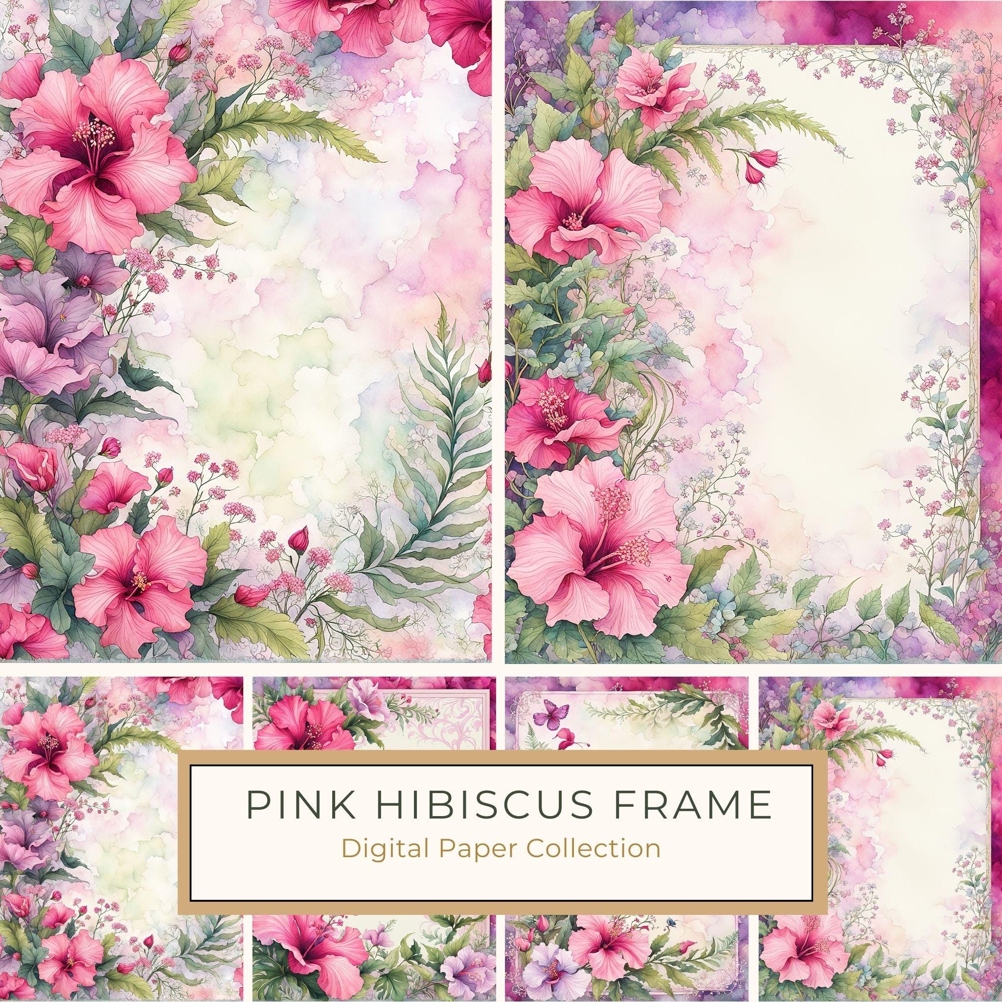 Watercolor Hibiscus Frame: Pink Tropical Paper Pack (Digital Download)