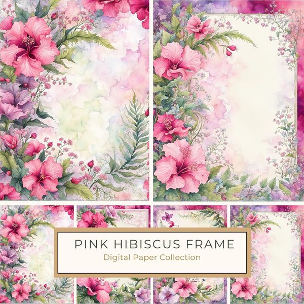 Watercolor Hibiscus Frame: Pink Tropical Paper Pack (Digital Download)