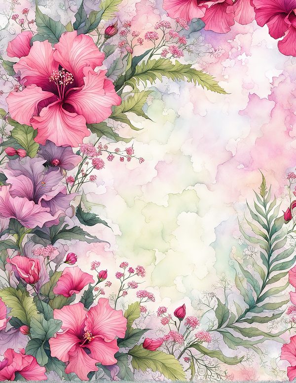 Watercolor Hibiscus Frame: Pink Tropical Paper Pack (Digital Download) — image 1