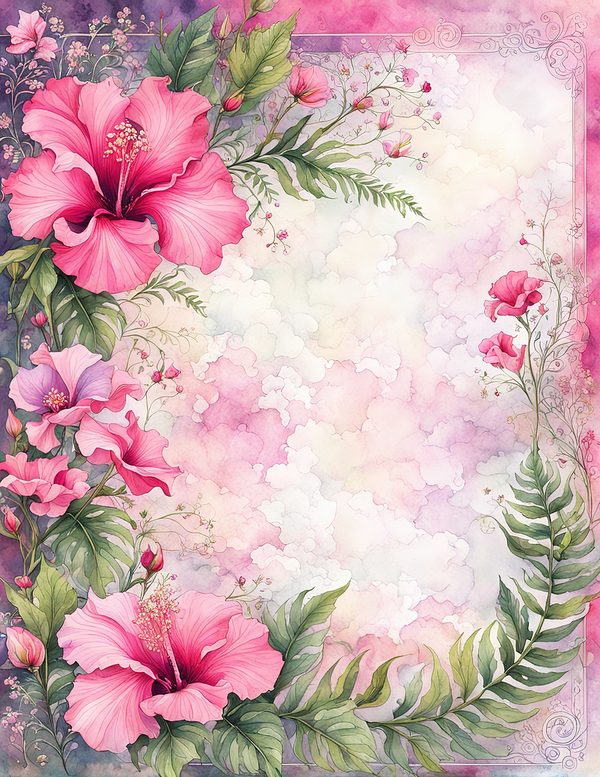 Watercolor Hibiscus Frame: Pink Tropical Paper Pack (Digital Download) — image 3