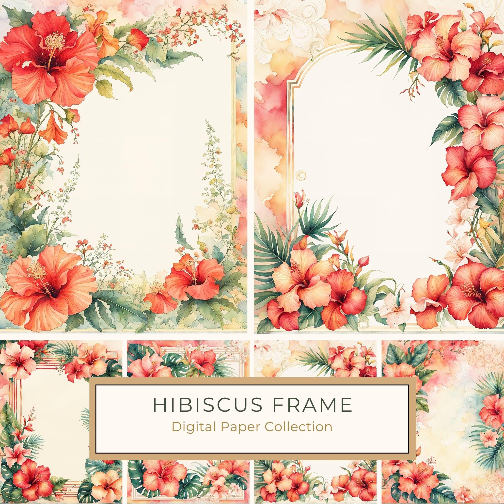 Watercolor Hibiscus Flower Frame: Tropical Invitation Clipart (Digital Paper)