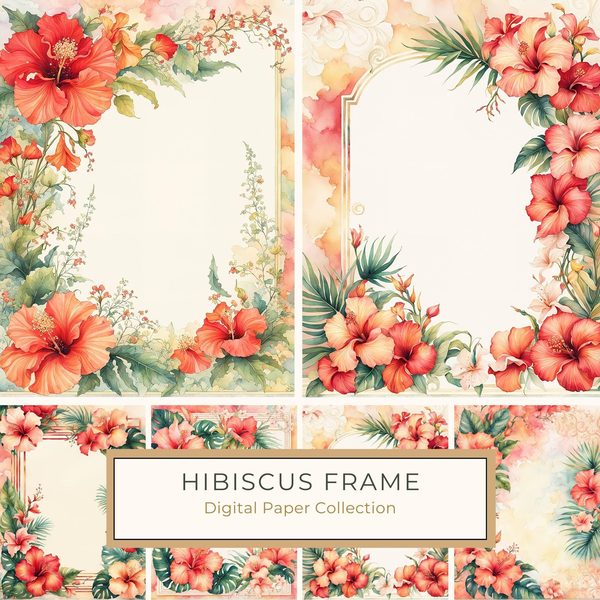 Watercolor Hibiscus Flower Frame: Tropical Invitation Clipart (Digital Paper)
