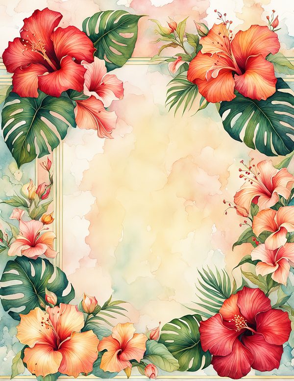Watercolor Hibiscus Flower Frame: Tropical Invitation Clipart (Digital Paper) — image 2