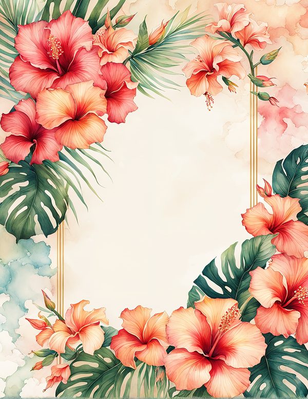 Watercolor Hibiscus Flower Frame: Tropical Invitation Clipart (Digital Paper) — image 4