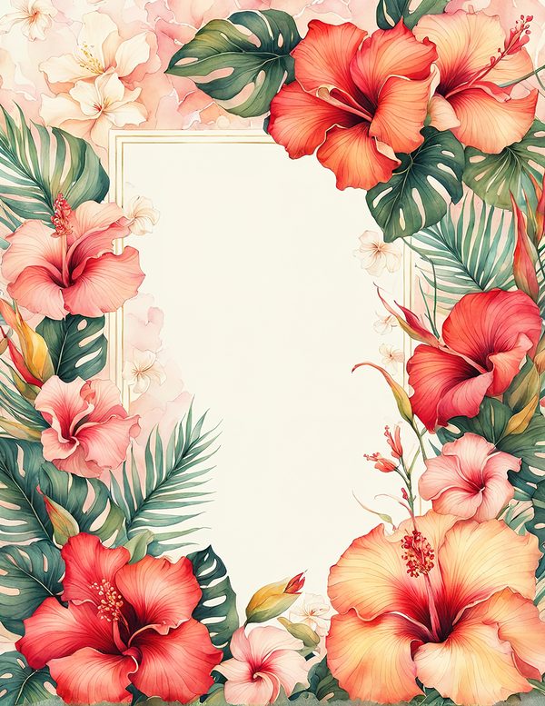 Watercolor Hibiscus Flower Frame: Tropical Invitation Clipart (Digital Paper) — image 7