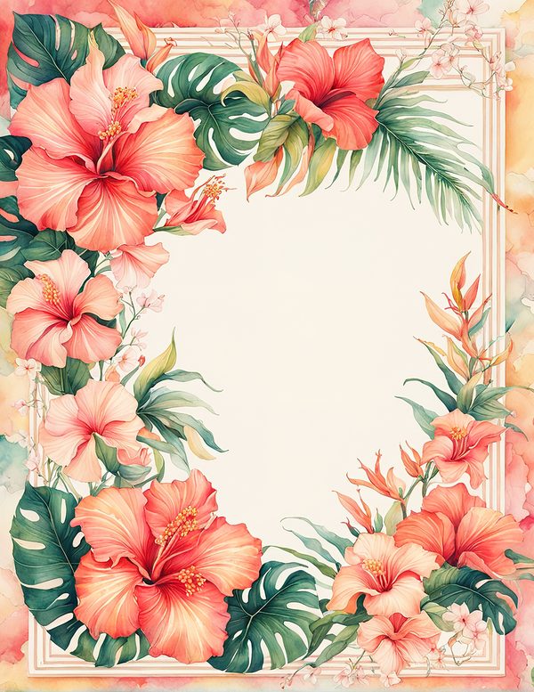 Watercolor Hibiscus Flower Frame: Tropical Invitation Clipart (Digital Paper) — image 11