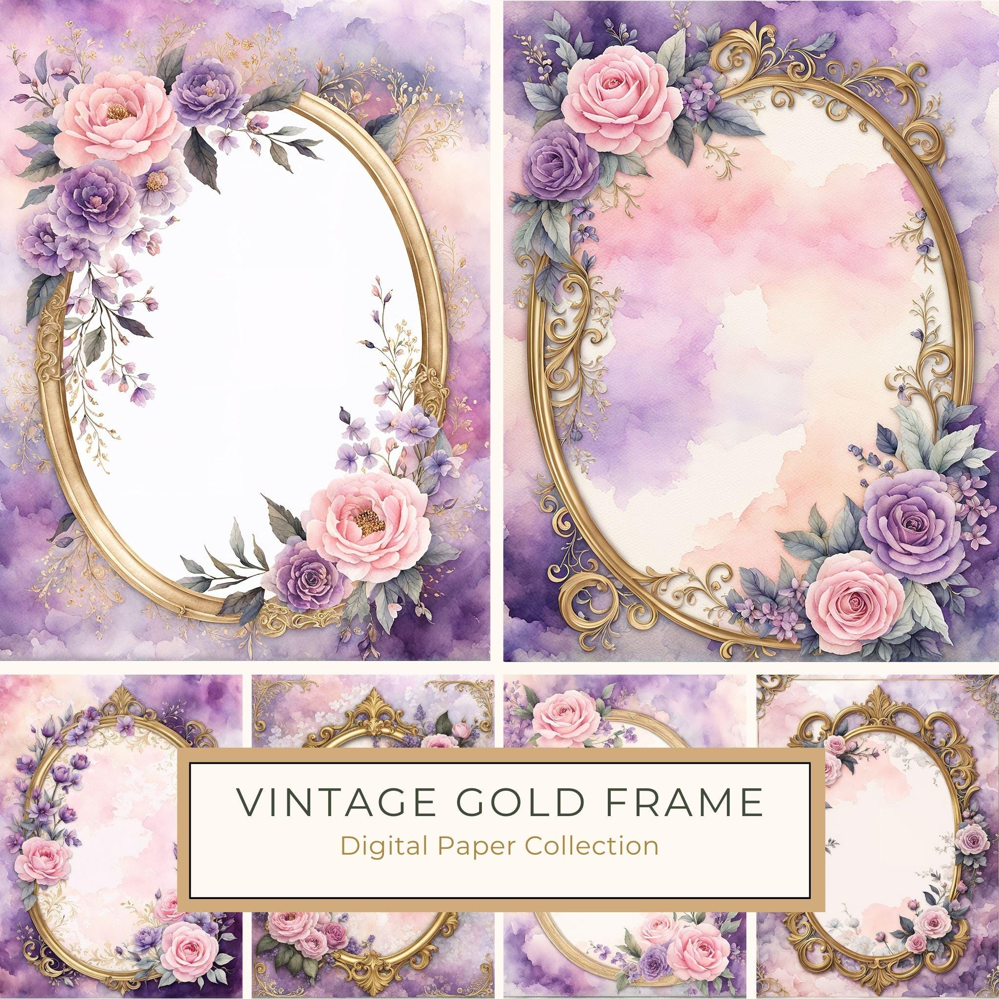 Watercolor Rose Frame: Pink Purple Floral Oval (10 JPG Digital Papers)