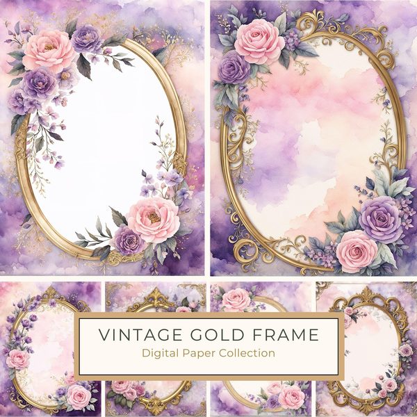 Watercolor Rose Frame: Pink Purple Floral Oval (10 JPG Digital Papers)