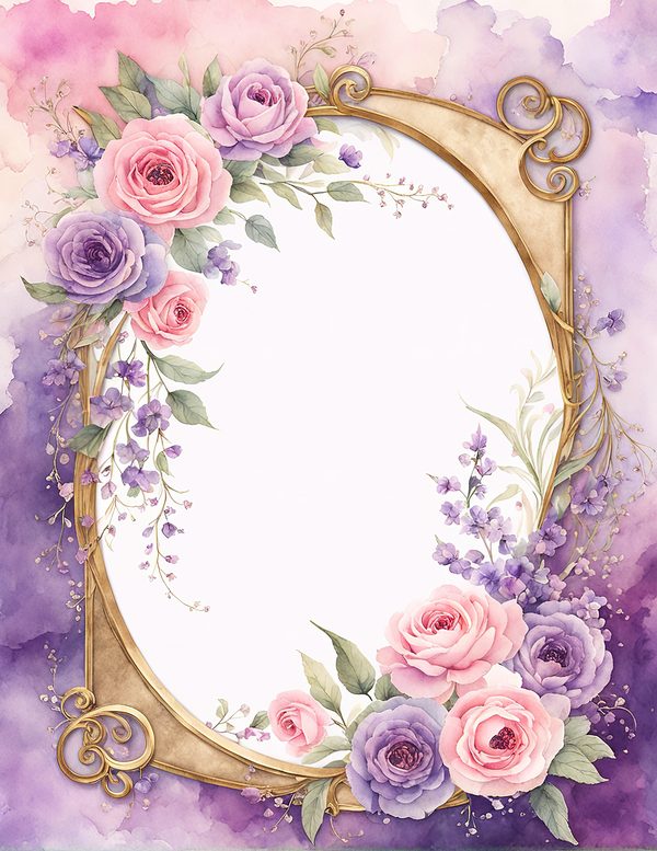 Watercolor Rose Frame: Pink Purple Floral Oval (10 JPG Digital Papers) — image 1