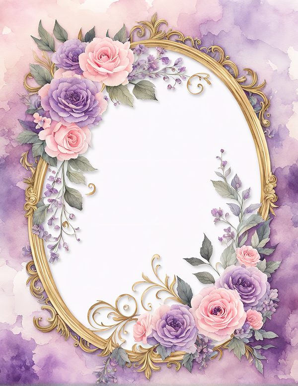 Watercolor Rose Frame: Pink Purple Floral Oval (10 JPG Digital Papers) — image 2