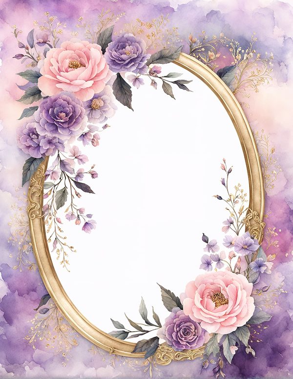 Watercolor Rose Frame: Pink Purple Floral Oval (10 JPG Digital Papers) — image 3