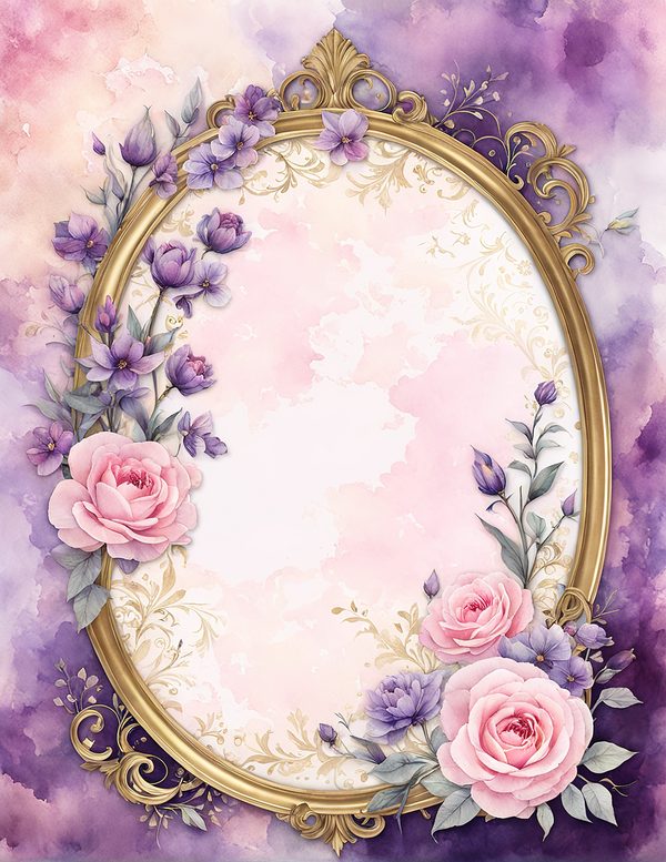 Watercolor Rose Frame: Pink Purple Floral Oval (10 JPG Digital Papers) — image 4