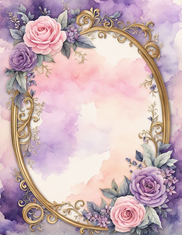 Watercolor Rose Frame: Pink Purple Floral Oval (10 JPG Digital Papers) — image 6