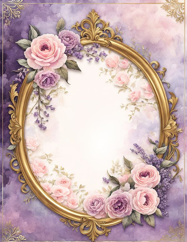 Watercolor Rose Frame: Pink Purple Floral Oval (10 JPG Digital Papers) — image 12