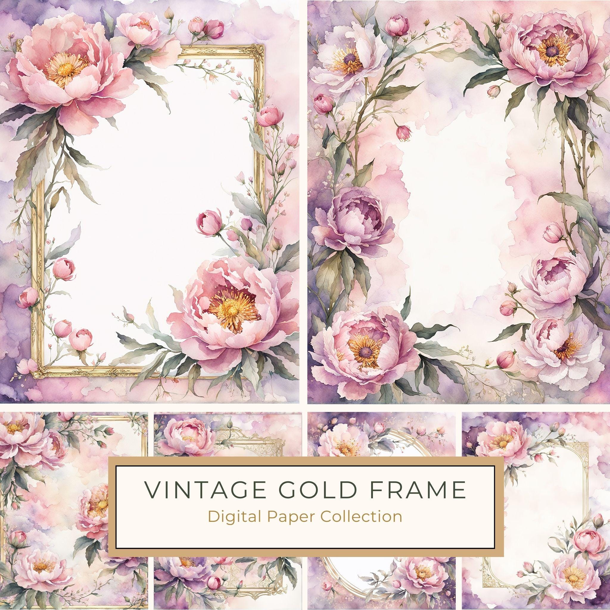 Watercolor Peony Frame Set: Pink Floral Borders, Romantic Backgrounds (JPG Digital Paper)