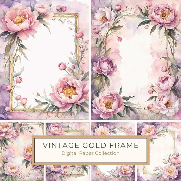 Watercolor Peony Frame Set: Pink Floral Borders, Romantic Backgrounds (JPG Digital Paper)