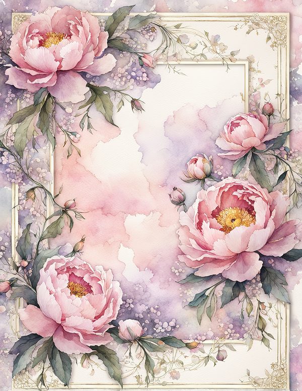 Watercolor Peony Frame Set: Pink Floral Borders, Romantic Backgrounds (JPG Digital Paper) — image 1