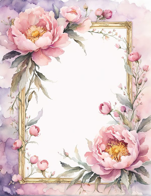 Watercolor Peony Frame Set: Pink Floral Borders, Romantic Backgrounds (JPG Digital Paper) — image 2