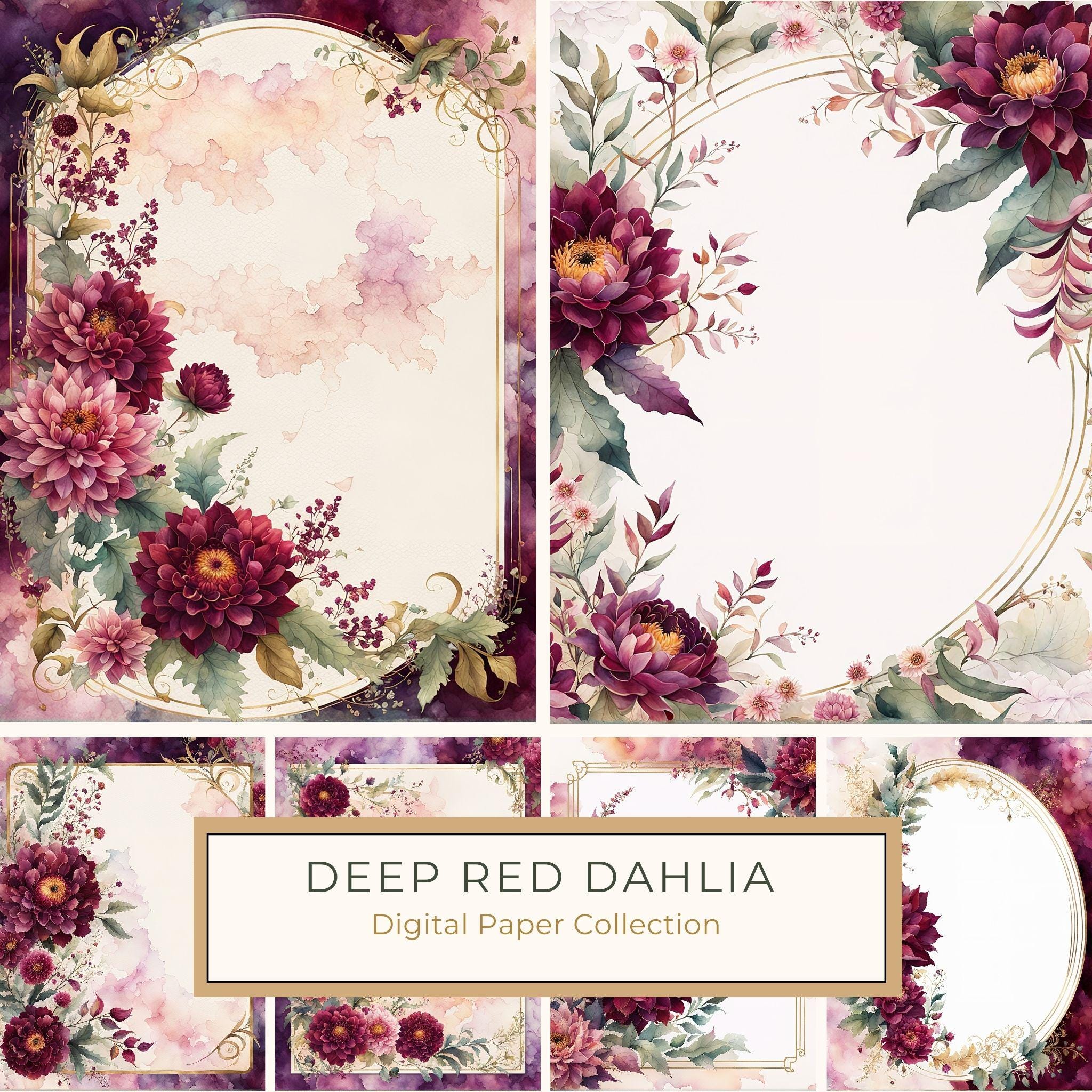 Watercolor Dahlia Frame: Red Floral Border, Scrapbooking (Digital Paper)