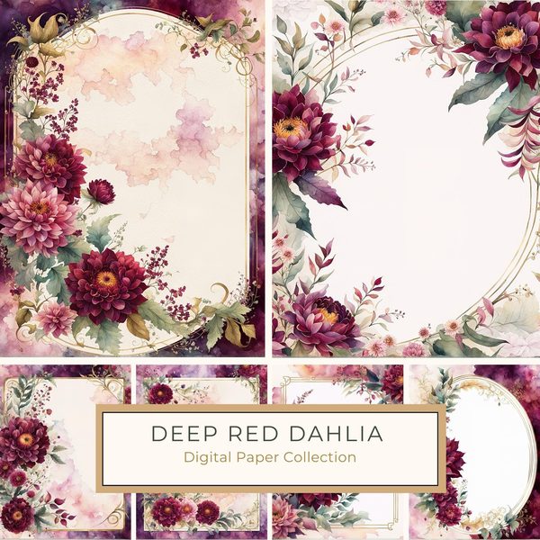 Watercolor Dahlia Frame: Red Floral Border, Scrapbooking (Digital Paper)