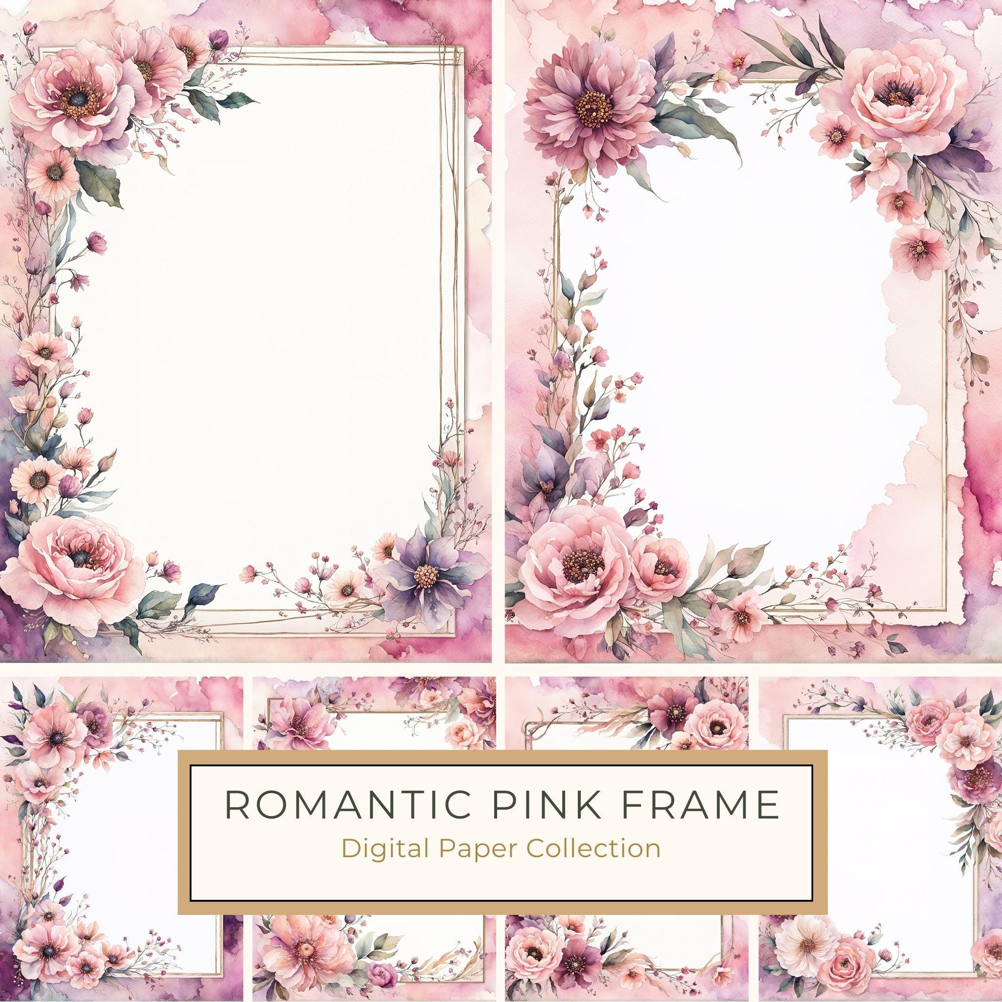 Watercolor Wildflower Frame: Pink Purple Floral Wedding Invitation (JPG Digital Paper)