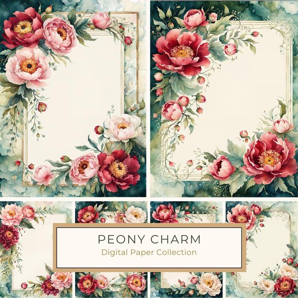 Watercolor Peony Frames: Floral Wedding Borders, Scrapbook Backgrounds (Digital Paper Pack)